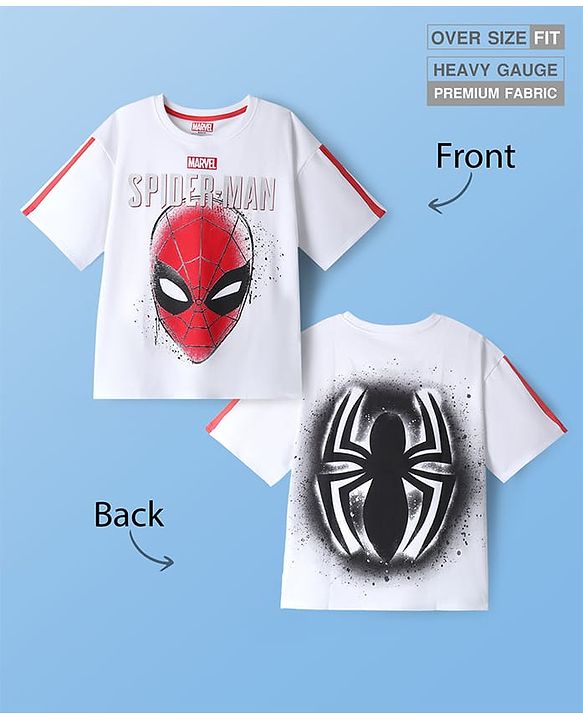 Pine Kids Marvel Light Weight Terry Knit Half Sleeves Oversize Drop Shoulder T-Shirt With Front And Back Spider Man Graphics - White