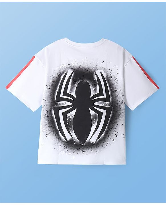 Pine Kids Marvel Light Weight Terry Knit Half Sleeves Oversize Drop Shoulder T-Shirt With Front And Back Spider Man Graphics - White