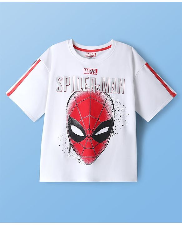 Pine Kids Marvel Light Weight Terry Knit Half Sleeves Oversize Drop Shoulder T-Shirt With Front And Back Spider Man Graphics - White