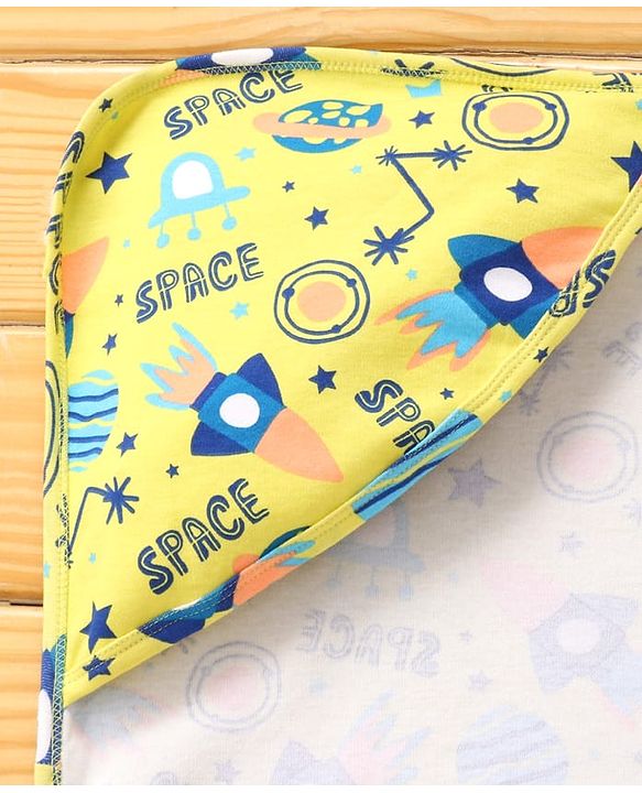 Babyhug Interlock Knit Hooded Wrapper with Space Theme Print L 76 x B 76 cm - Yellow