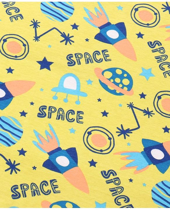 Babyhug Interlock Knit Hooded Wrapper with Space Theme Print L 76 x B 76 cm - Yellow