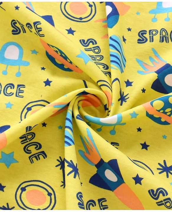 Babyhug Interlock Knit Hooded Wrapper with Space Theme Print L 76 x B 76 cm - Yellow