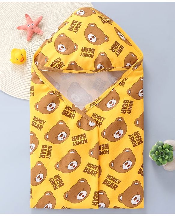 Babyhug Interlock Knit Hooded Wrapper with Bear Print L 76 x B 76 cm - Yellow