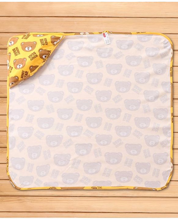 Babyhug Interlock Knit Hooded Wrapper with Bear Print L 76 x B 76 cm - Yellow