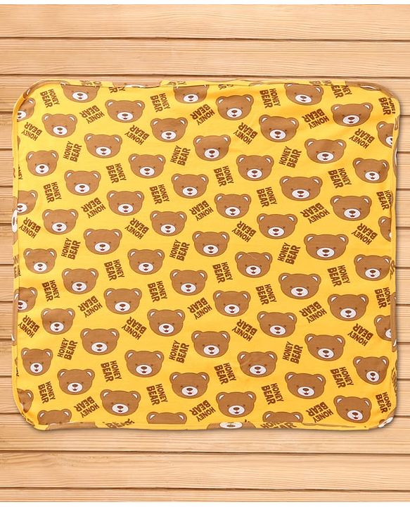 Babyhug Interlock Knit Hooded Wrapper with Bear Print L 76 x B 76 cm - Yellow