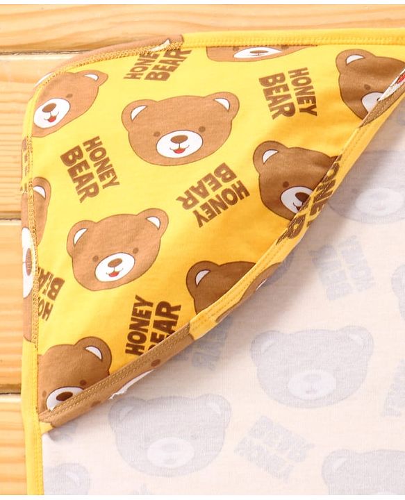 Babyhug Interlock Knit Hooded Wrapper with Bear Print L 76 x B 76 cm - Yellow