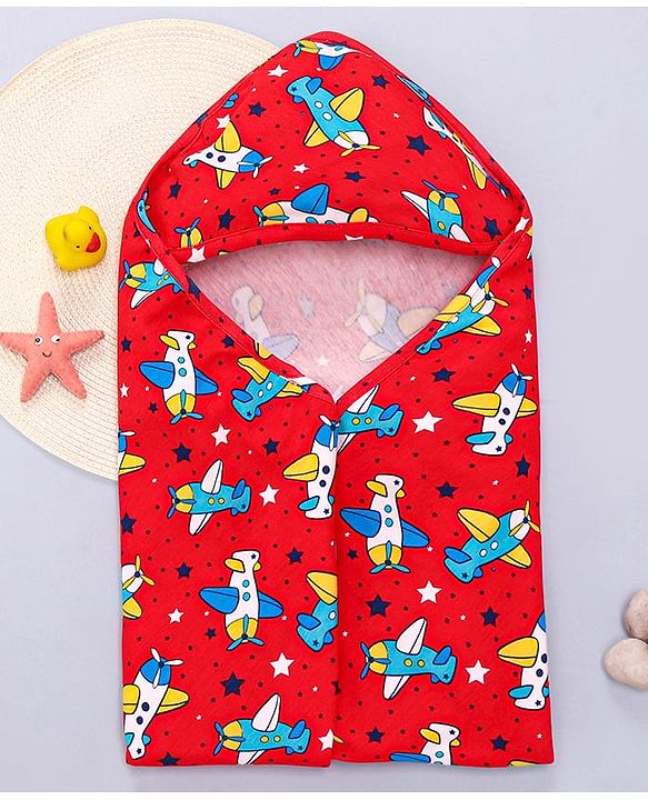 Babyhug Interlock Knit Hooded Towel with Airplane Printed L 76.2 x B 76.2 cm - Red