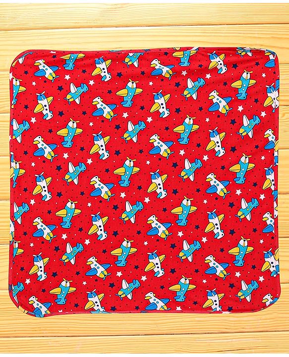 Babyhug Interlock Knit Hooded Towel with Airplane Printed L 76.2 x B 76.2 cm - Red