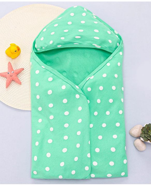 Babyhug Interlock Knit Hooded Towel with Polka Dots Print L 76.2 x B 76.2 cm - Green