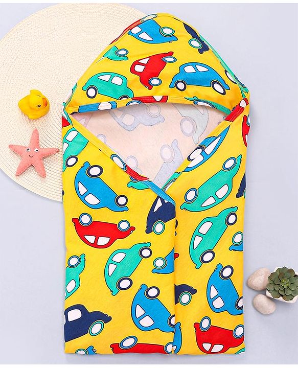 Babyhug Interlock Knit Hooded Towel with Car Print L 76.2 x B 76.2 cm - Yellow