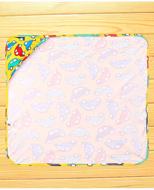 Babyhug Interlock Knit Hooded Towel with Car Print L 76.2 x B 76.2 cm - Yellow