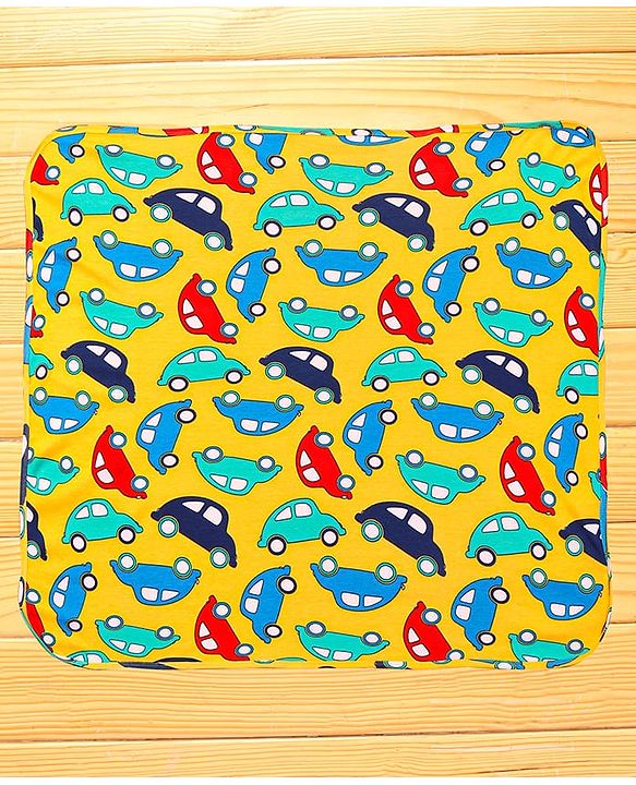 Babyhug Interlock Knit Hooded Towel with Car Print L 76.2 x B 76.2 cm - Yellow