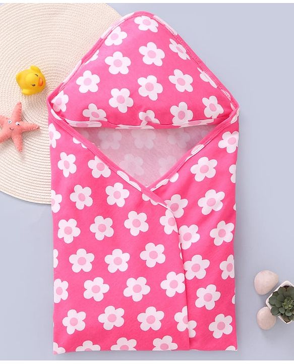 Babyhug Interlock Knit Wrapper With Floral Print & Hood L 76 X B 76 cm- Dark Pink