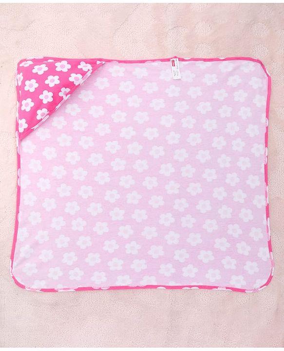 Babyhug Interlock Knit Wrapper With Floral Print & Hood L 76 X B 76 cm- Dark Pink