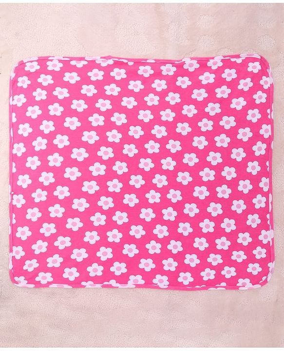 Babyhug Interlock Knit Wrapper With Floral Print & Hood L 76 X B 76 cm- Dark Pink