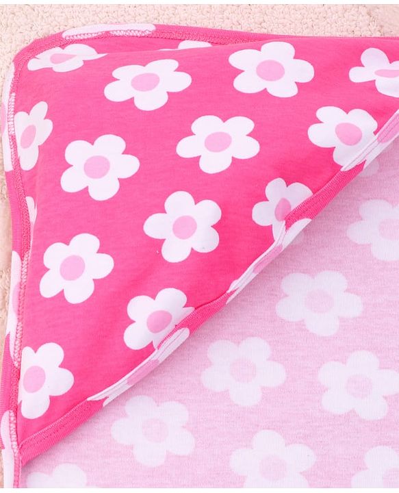 Babyhug Interlock Knit Wrapper With Floral Print & Hood L 76 X B 76 cm- Dark Pink