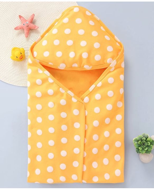 Babyhug Interlock Knit Hooded Wrapper with Polka Dots Print L 76 x B 76 cm - Yellow
