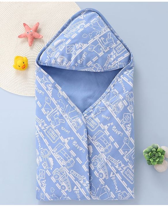Babyhug Interlock Knit Hooded Wrapper with Vehicle Traffic Print L 76 x B 76 cm - Light Blue