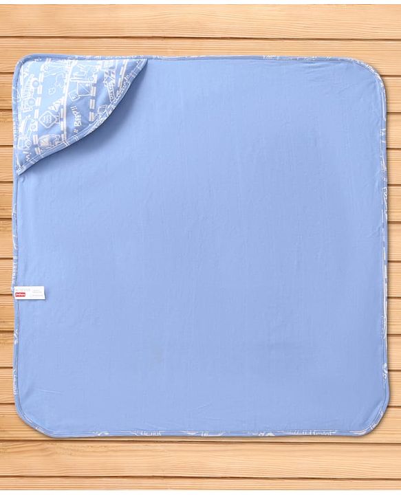 Babyhug Interlock Knit Hooded Wrapper with Vehicle Traffic Print L 76 x B 76 cm - Light Blue