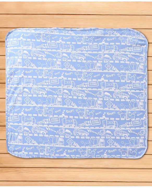 Babyhug Interlock Knit Hooded Wrapper with Vehicle Traffic Print L 76 x B 76 cm - Light Blue