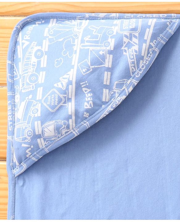 Babyhug Interlock Knit Hooded Wrapper with Vehicle Traffic Print L 76 x B 76 cm - Light Blue