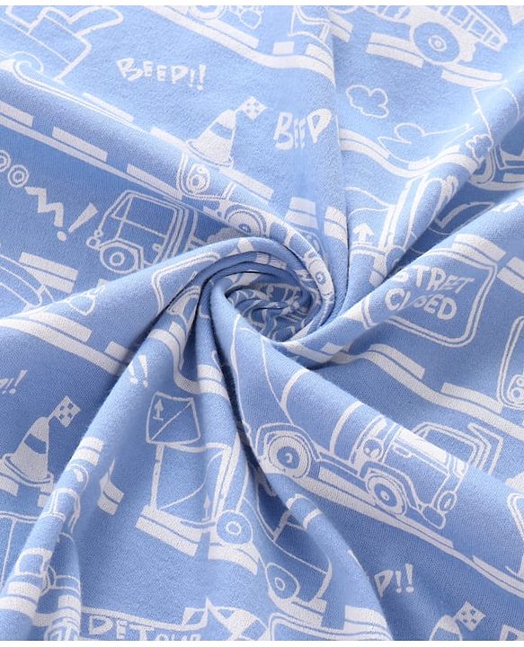 Babyhug Interlock Knit Hooded Wrapper with Vehicle Traffic Print L 76 x B 76 cm - Light Blue