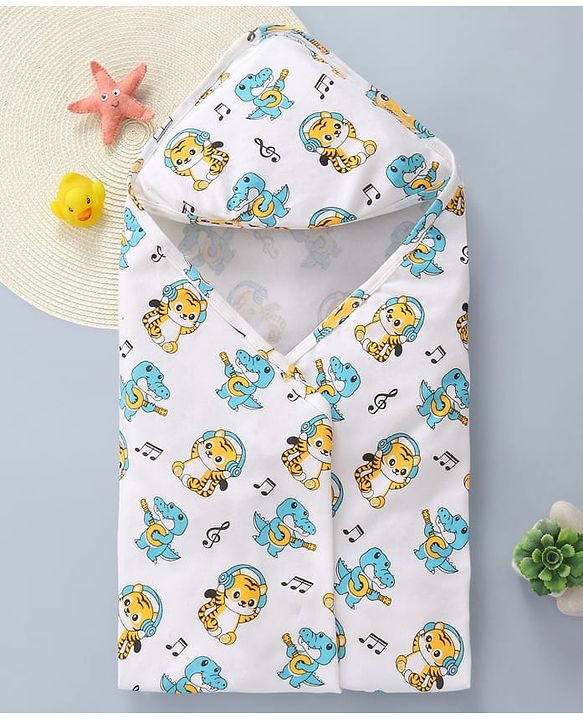 Babyhug Interlock Knit Hooded Wrapper with Animal Print L 76 x B 76 cm - White