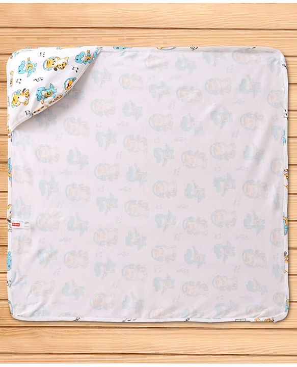 Babyhug Interlock Knit Hooded Wrapper with Animal Print L 76 x B 76 cm - White
