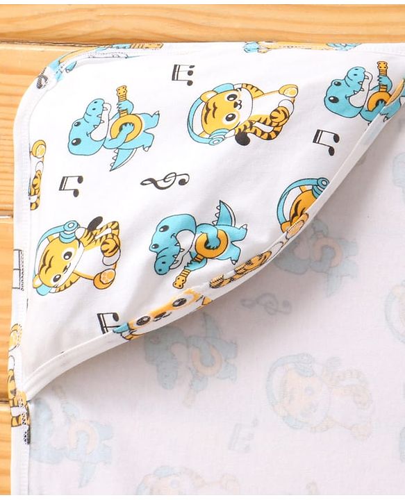 Babyhug Interlock Knit Hooded Wrapper with Animal Print L 76 x B 76 cm - White