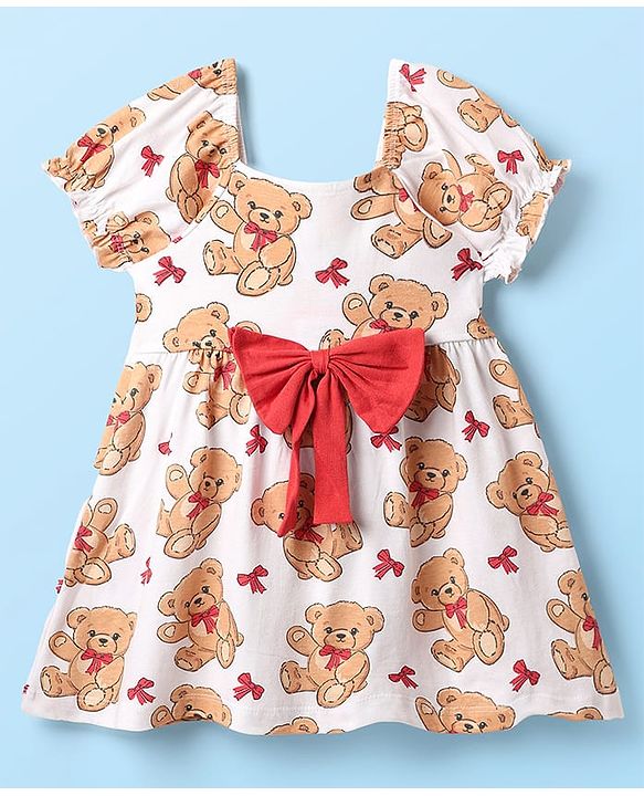 Babyhug Single Jersey Knit Teddy Bear Print Frock With Bloomers & Headband - White