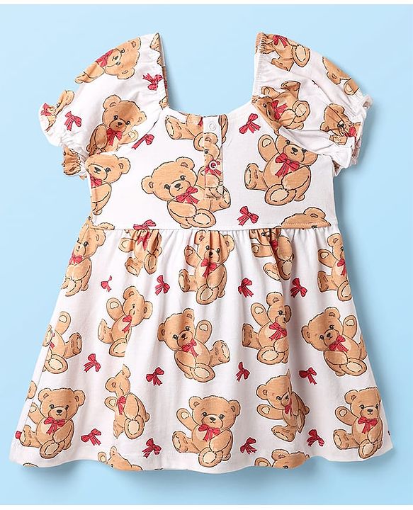 Babyhug Single Jersey Knit Teddy Bear Print Frock With Bloomers & Headband - White