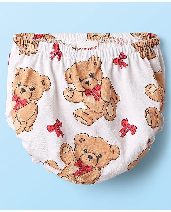 Babyhug Single Jersey Knit Teddy Bear Print Frock With Bloomers & Headband - White