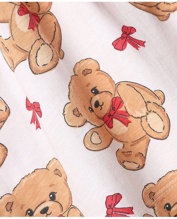 Babyhug Single Jersey Knit Teddy Bear Print Frock With Bloomers & Headband - White