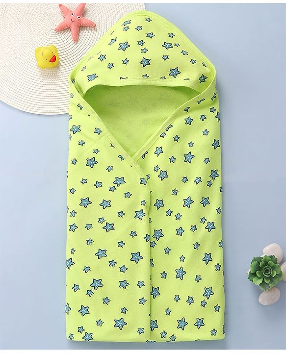 Babyhug Terry Knit Hooded Towel with With Star Print L 30 x B 30 cm - Neon Green