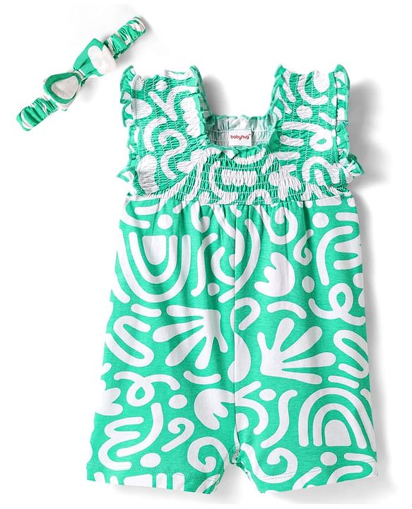 Babyhug Cotton Knit Sleeveless Printed Jumpsuit With Headband - Light Green