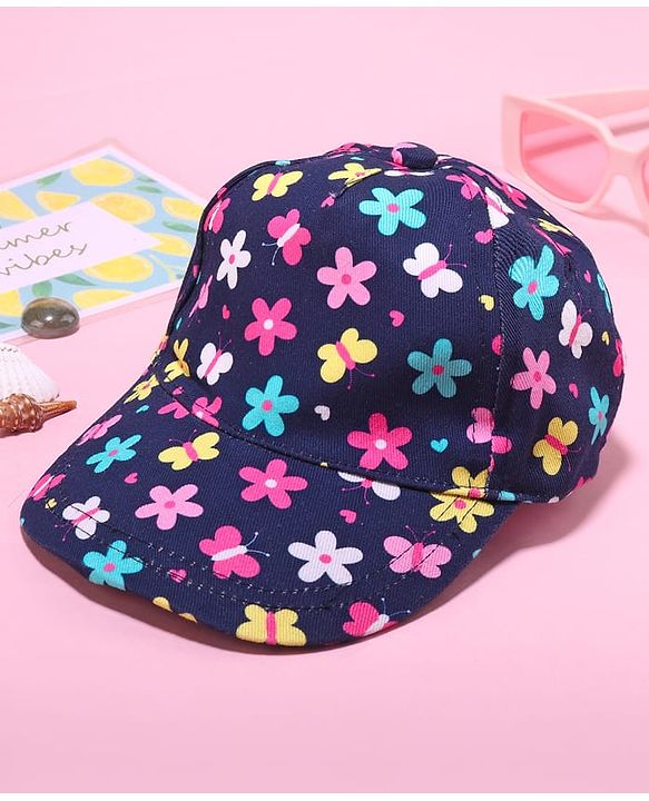 Babyhug 100% Cotton Woven Cap With Floral Print Navy Blue - Diameter 17 cm