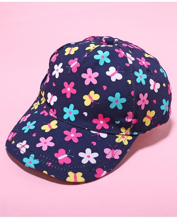 Babyhug 100% Cotton Woven Cap With Floral Print Navy Blue - Diameter 17 cm