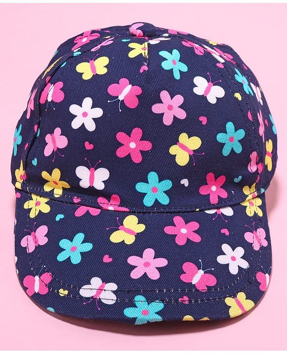 Babyhug 100% Cotton Woven Cap With Floral Print Navy Blue - Diameter 17 cm