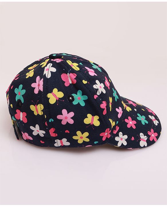 Babyhug 100% Cotton Woven Cap With Floral Print Navy Blue - Diameter 17 cm