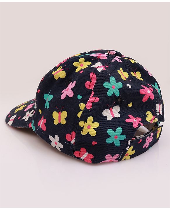 Babyhug 100% Cotton Woven Cap With Floral Print Navy Blue - Diameter 17 cm