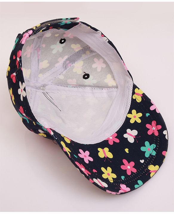 Babyhug 100% Cotton Woven Cap With Floral Print Navy Blue - Diameter 17 cm