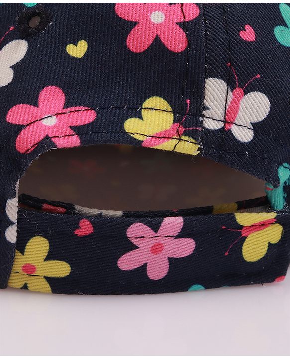 Babyhug 100% Cotton Woven Cap With Floral Print Navy Blue - Diameter 17 cm