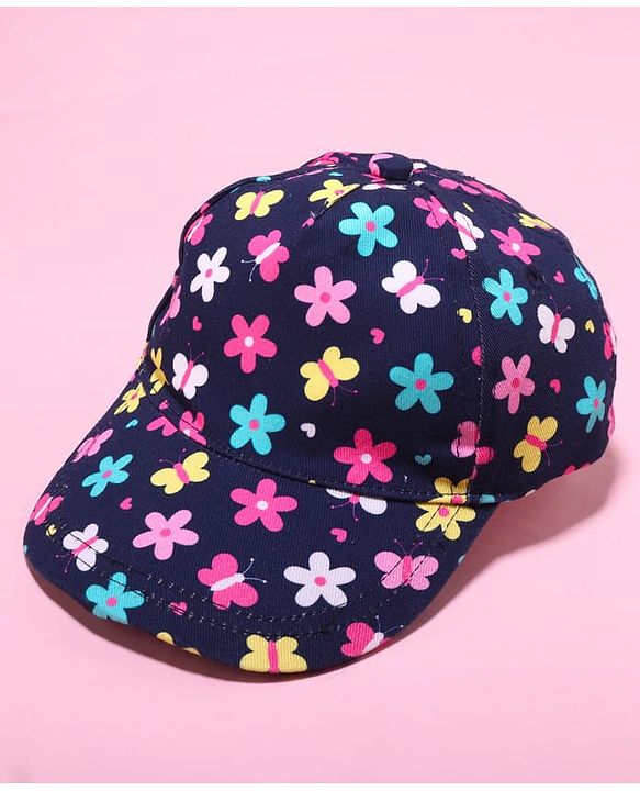 Babyhug Cotton Woven Cap With Floral Print Navy Blue - Diameter 17.5 cm