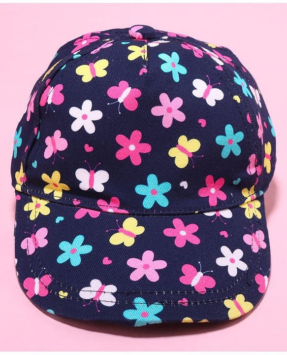 Babyhug Cotton Woven Cap With Floral Print Navy Blue - Diameter 17.5 cm