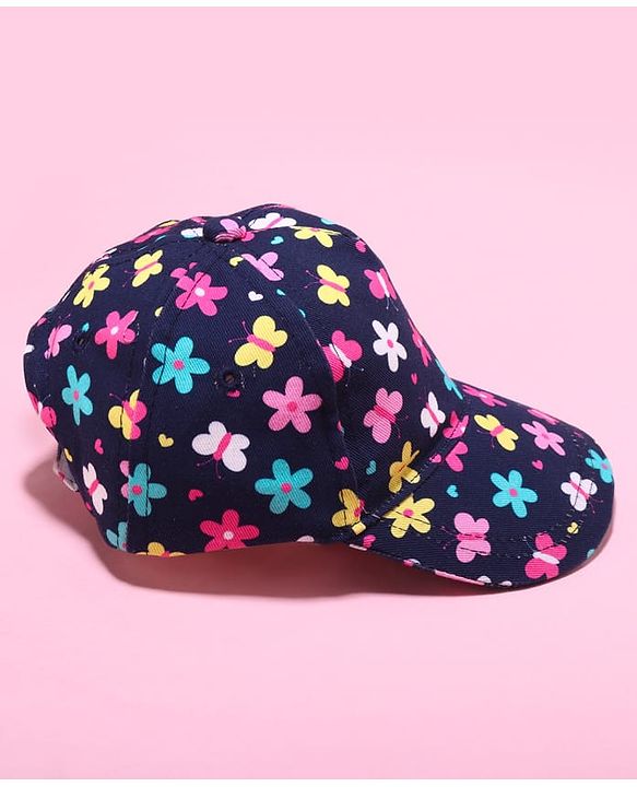 Babyhug Cotton Woven Cap With Floral Print Navy Blue - Diameter 17.5 cm