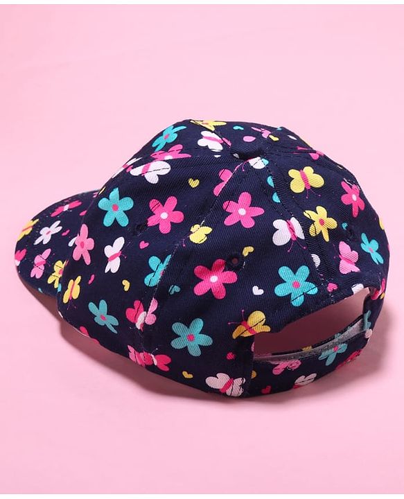Babyhug Cotton Woven Cap With Floral Print Navy Blue - Diameter 17.5 cm