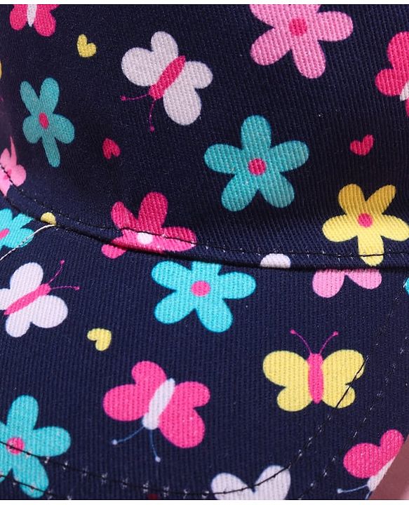 Babyhug Cotton Woven Cap With Floral Print Navy Blue - Diameter 17.5 cm
