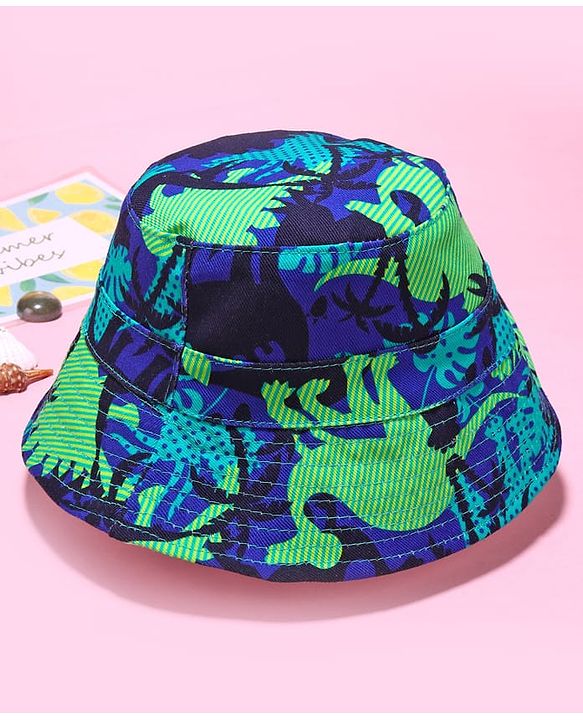 Babyhug Cotton Woven Bucket Hat With Leaves Print Blue - Diameter 16 cm
