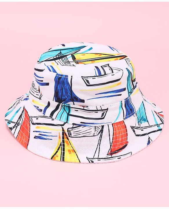 Babyhug Two Layer Bucket Hat with Abstract Print White Orange & Blue - Diameter 18 cm