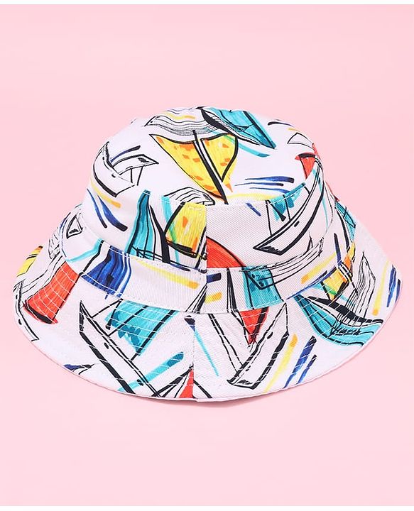 Babyhug Two Layer Bucket Hat with Abstract Print White Orange & Blue - Diameter 18 cm